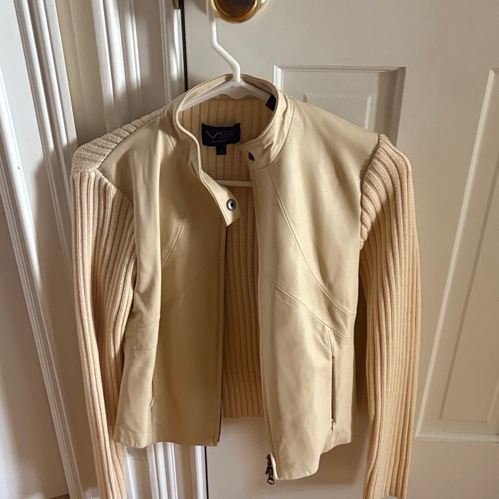 Vince Camuto Cream Leather Jacket with Knit Sleeves